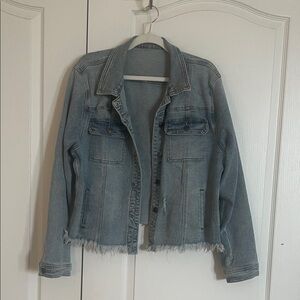 Light Blue Distressed Denim Jacket with Frayed Hem